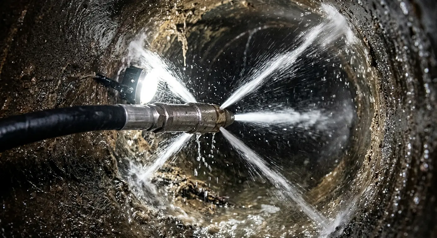 High-pressure hydro jetting nozzle cleaning sewer pipe for Trenchless Sewer Repair in Mooresville