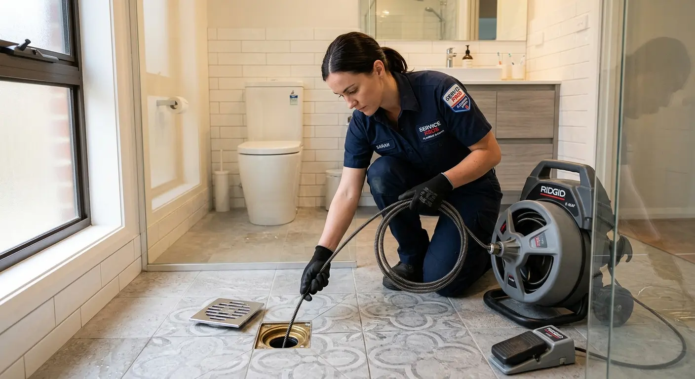 Technician clearing a bathroom floor drain for Sewer Line Installation in Mooresville